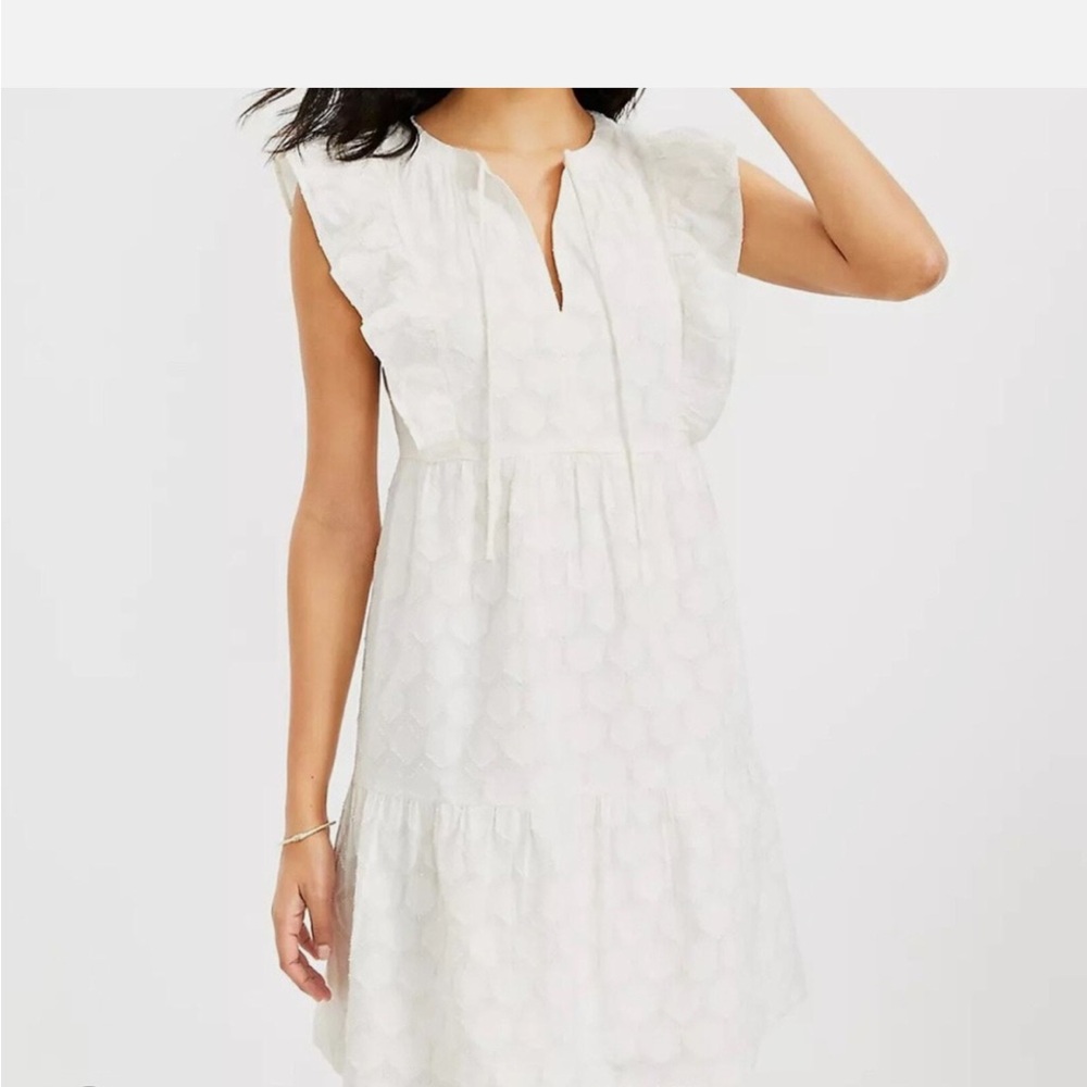 Loft Shimmer Clip Ruffle Tie Neck Dress